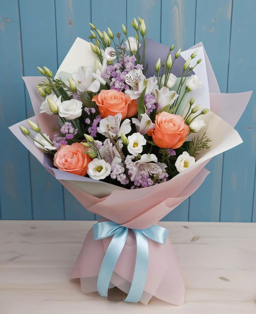 Букет цветов из: Лизиантусы, Розы, Альстромерии и Гипсофила в Русаново
