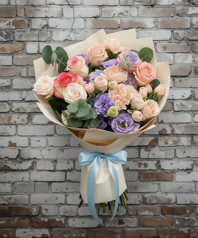 Букет цветов из: Розы, Лизиантусы и Гвоздики в Русаново