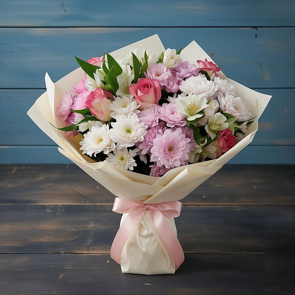 Букет цветов из: Хризантемы, Альстромерии и Розы в Русаново